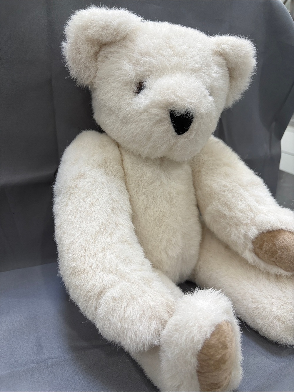 The Vermont Teddy Bear Company white poseable bear with tan paws and black nose - Picture 3 of 14